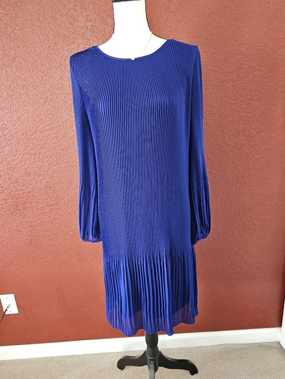 DKNY Cobalt Blue Pleated Long-Sleeve Shift Dress - Picture 2 of 11